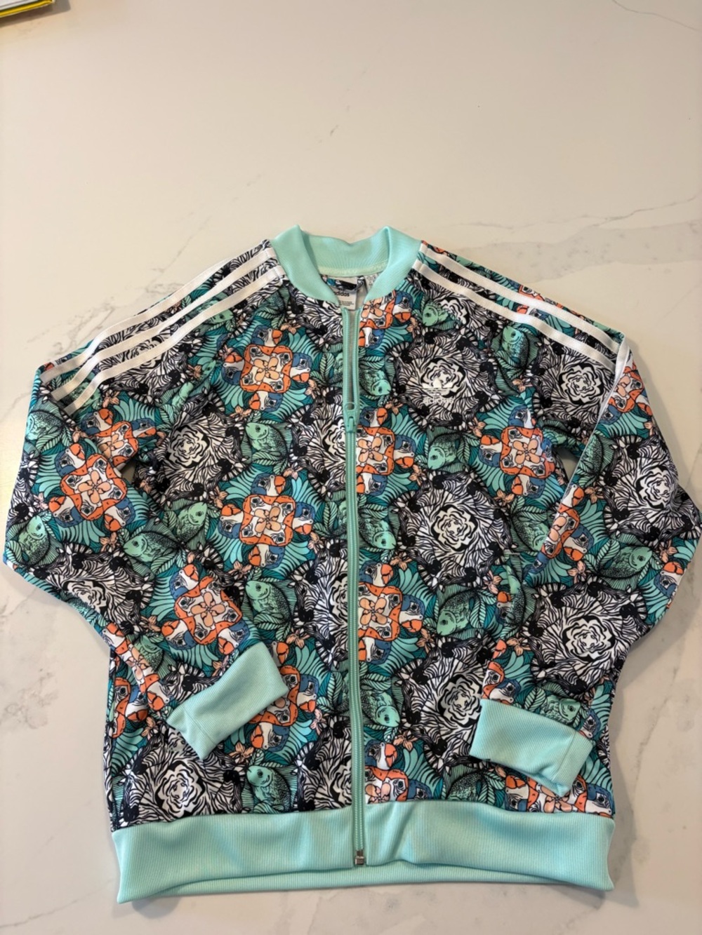 Adidas Fish Print Long Sleeve Full Zip Track Jacket Green/Black Girl Size Medium
